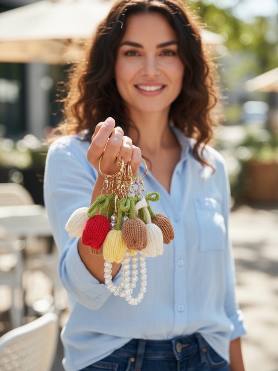 Accessories - Knit Flower & Pearl Pom Keychain Pick 1